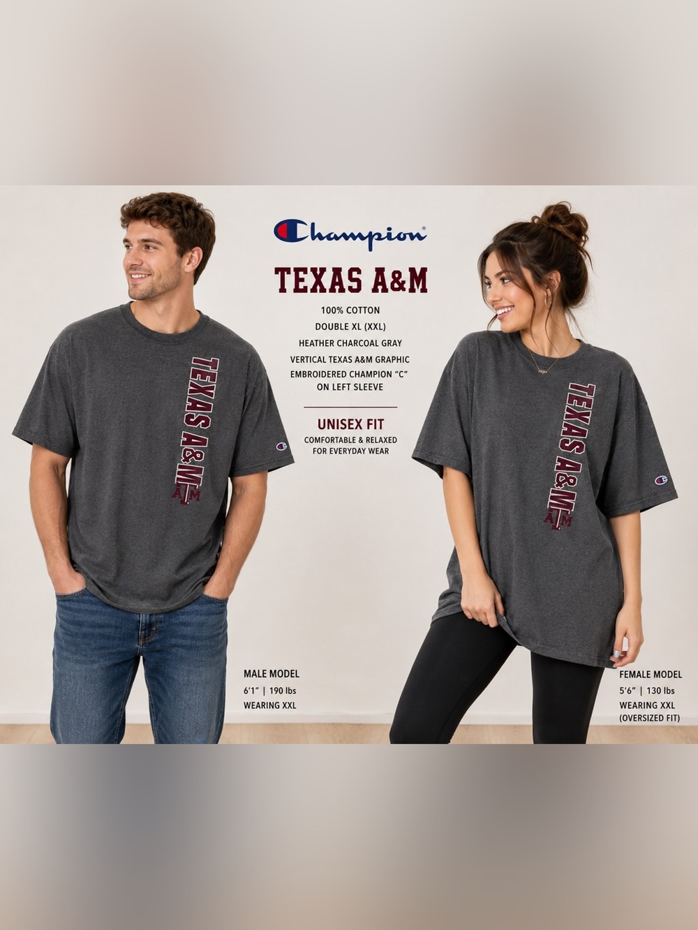 CHAMPION Brand Texas A&M unisex size XXL short sleeve T-shirt Gray maroon white
